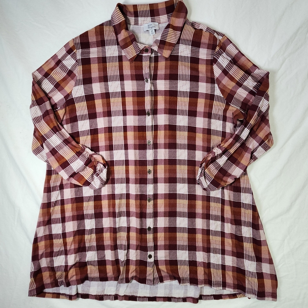 Kim Rogers Womens XXL Julianna‎ Tunic Fall Plaid Long Sleeve Shirt Top Red Brown